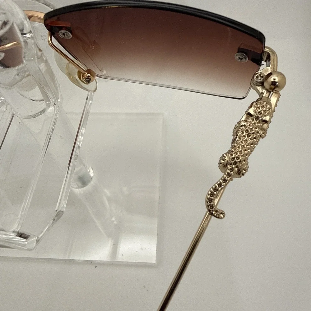 Rimless square sunglasses w/gold frame leopard/jaguar figurine & travel case HOT